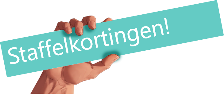 Hand die een bord vasthoudt met de tekst 'Staffelkortingen!' ter aanduiding van volumekorting